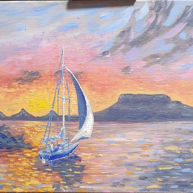 oil painting of a sailboat in the llake balaton